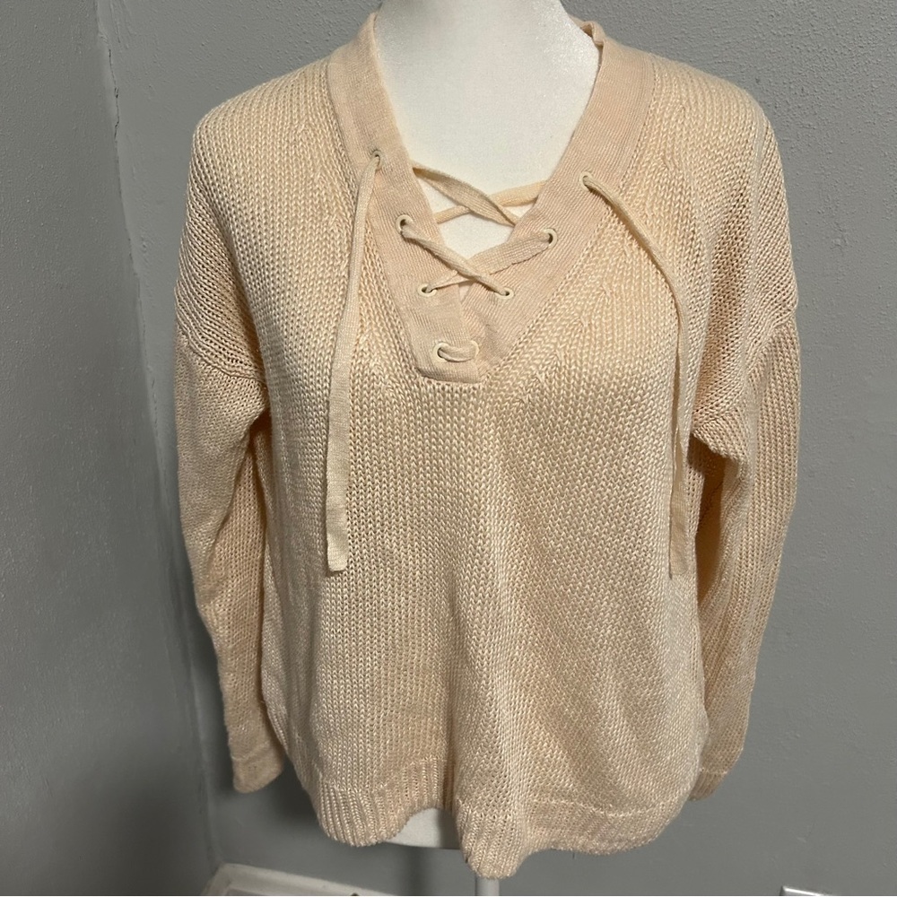 J. Crew Beige Lace-Up V-Neck Sweater crochet knit